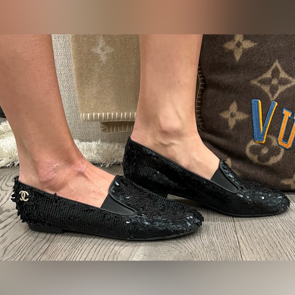 Authentic Chanel black sequin loafers women size 40 black flats slip on shoes